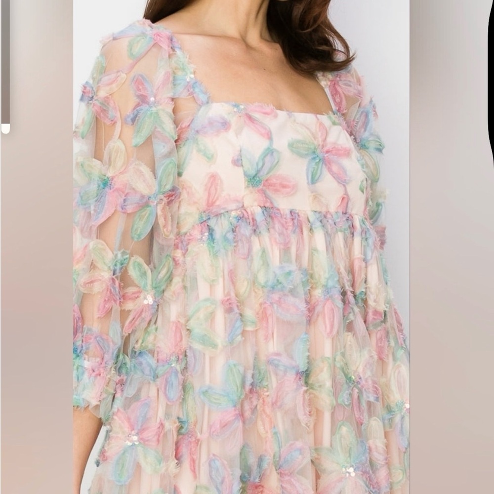 Altar'd State Pastel Floral Appliqué Long Sleeve Mesh Dress